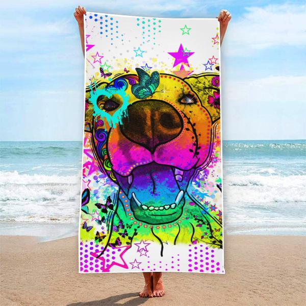 Strandtuch, Badetuch, Saunatuch mit buntem Hundemotiv in digitaler Popart mit Hunde Motiv HazelStrandtuch, Badetuch, Saunatuch mit buntem Hundemotiv in digitaler Popart mit Hunde Motiv Hazel